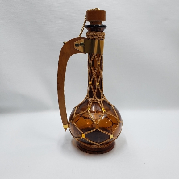 Vintage Carafe Bottle Hand Made Brown Amber Glass Wicker Boho - Picture 2 of 16
